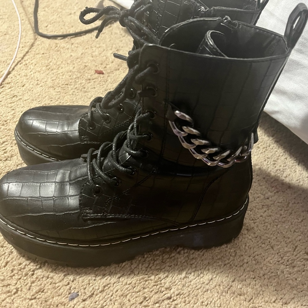 Combat is boot leather croc skin print stark decor chunky chain apparel